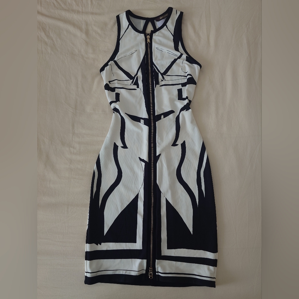 FLAW Zip-up ROBERTO CAVALLI Runway Leaves Print Black White Short Dress Mini 38 - Picture 3 of 16